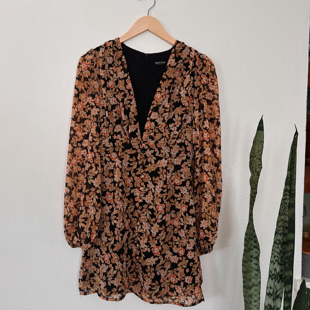 Nasty Gal Black Floral Long Sleeve Dress